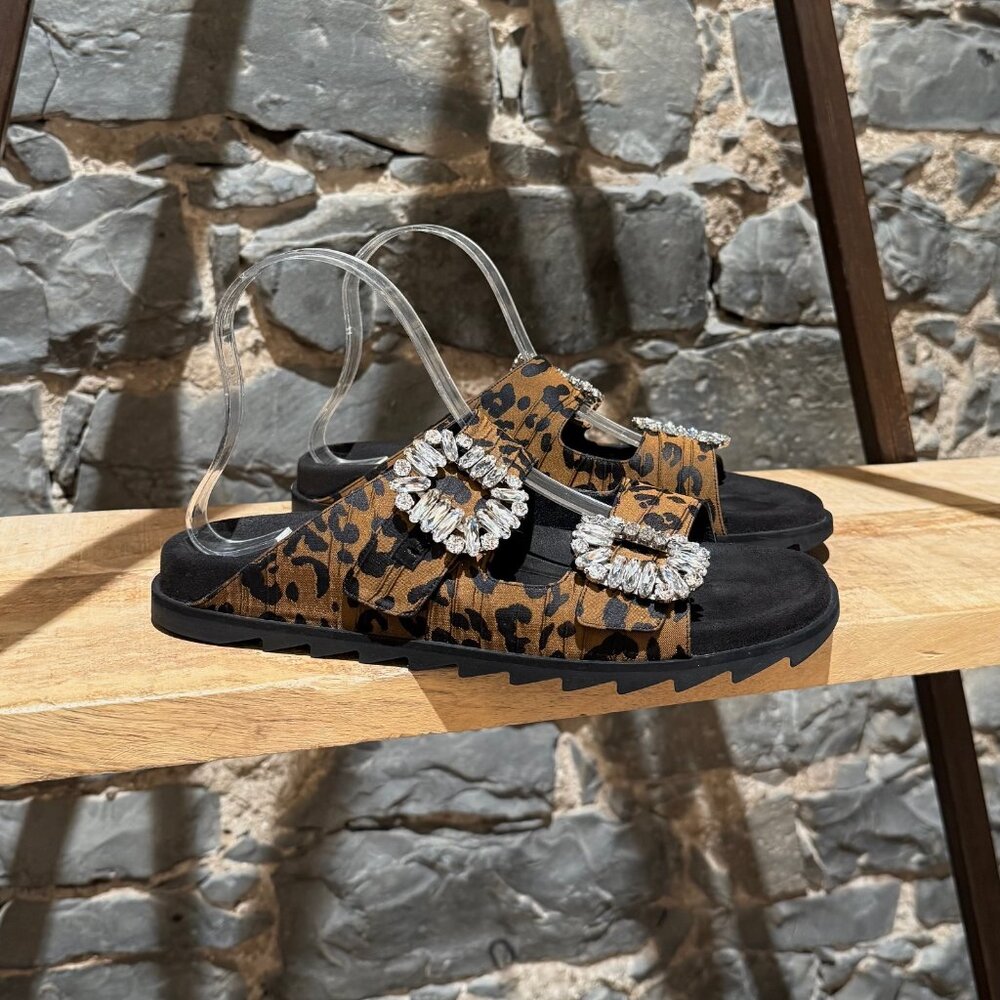 Roger Vivier Slidy Viv Crystal Buckle Leopard Sandals